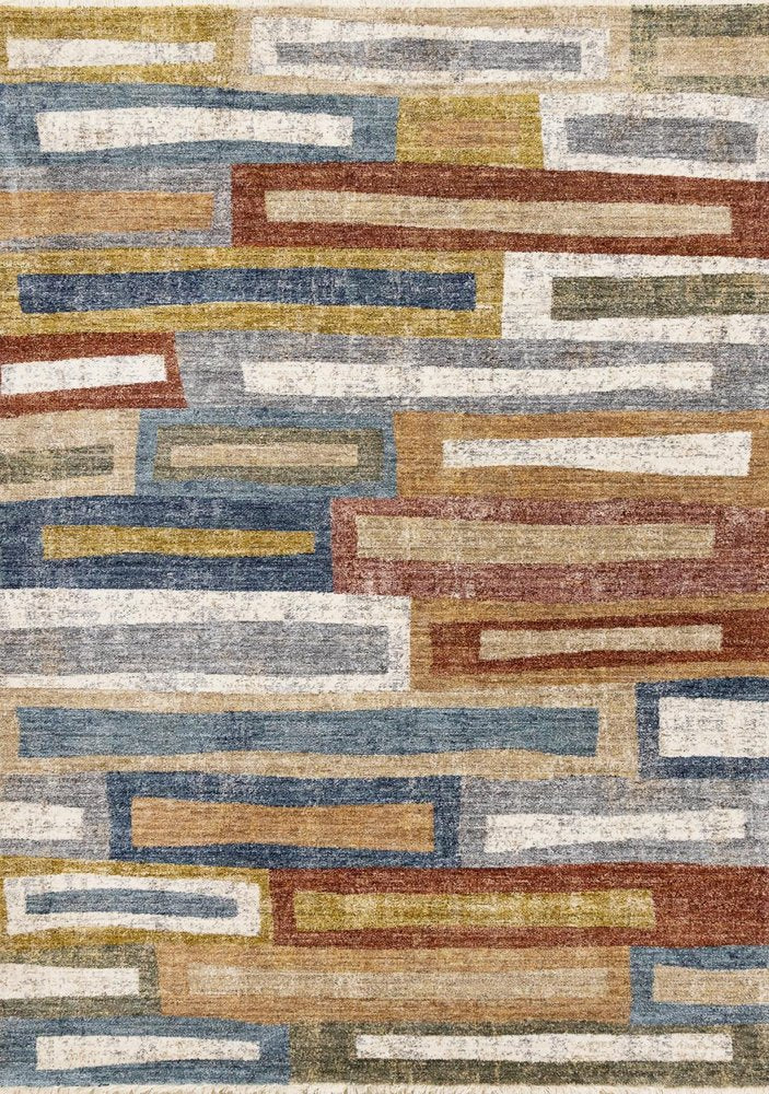 Orange Blue Beige Area Rug | Bold Geometric Pattern