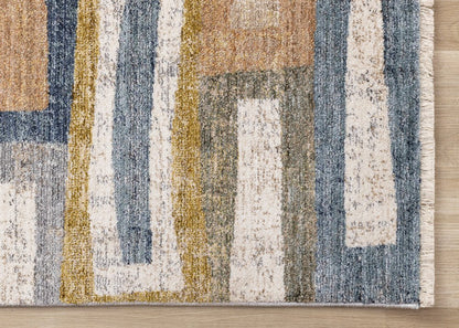 Orange Blue Beige Area Rug | Bold Geometric Pattern