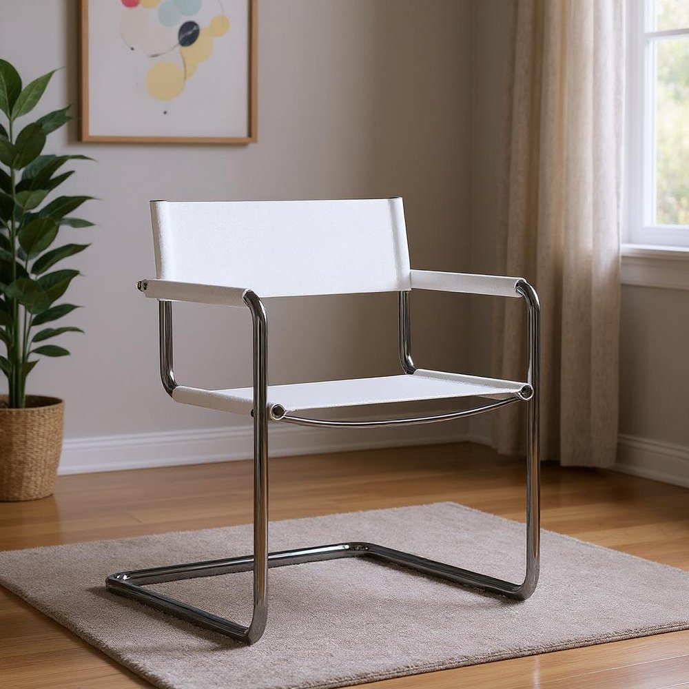 23" Silver And White Leather and Stainless Steel Arm Chair HomeRoots