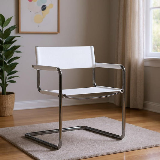 23" Silver And White Leather and Stainless Steel Arm Chair HomeRoots