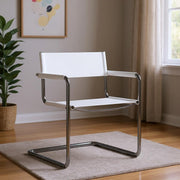 23" Silver And White Leather and Stainless Steel Arm Chair - Fluent Trends Accent Chairs