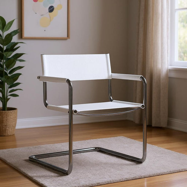 23" Silver And White Leather and Stainless Steel Arm Chair - Fluent Trends Accent Chairs