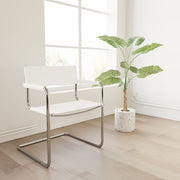 23" Silver And White Leather and Stainless Steel Arm Chair - Fluent Trends Accent Chairs