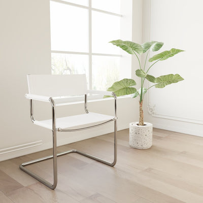 23" Silver And White Leather and Stainless Steel Arm Chair - Fluent Trends Accent Chairs