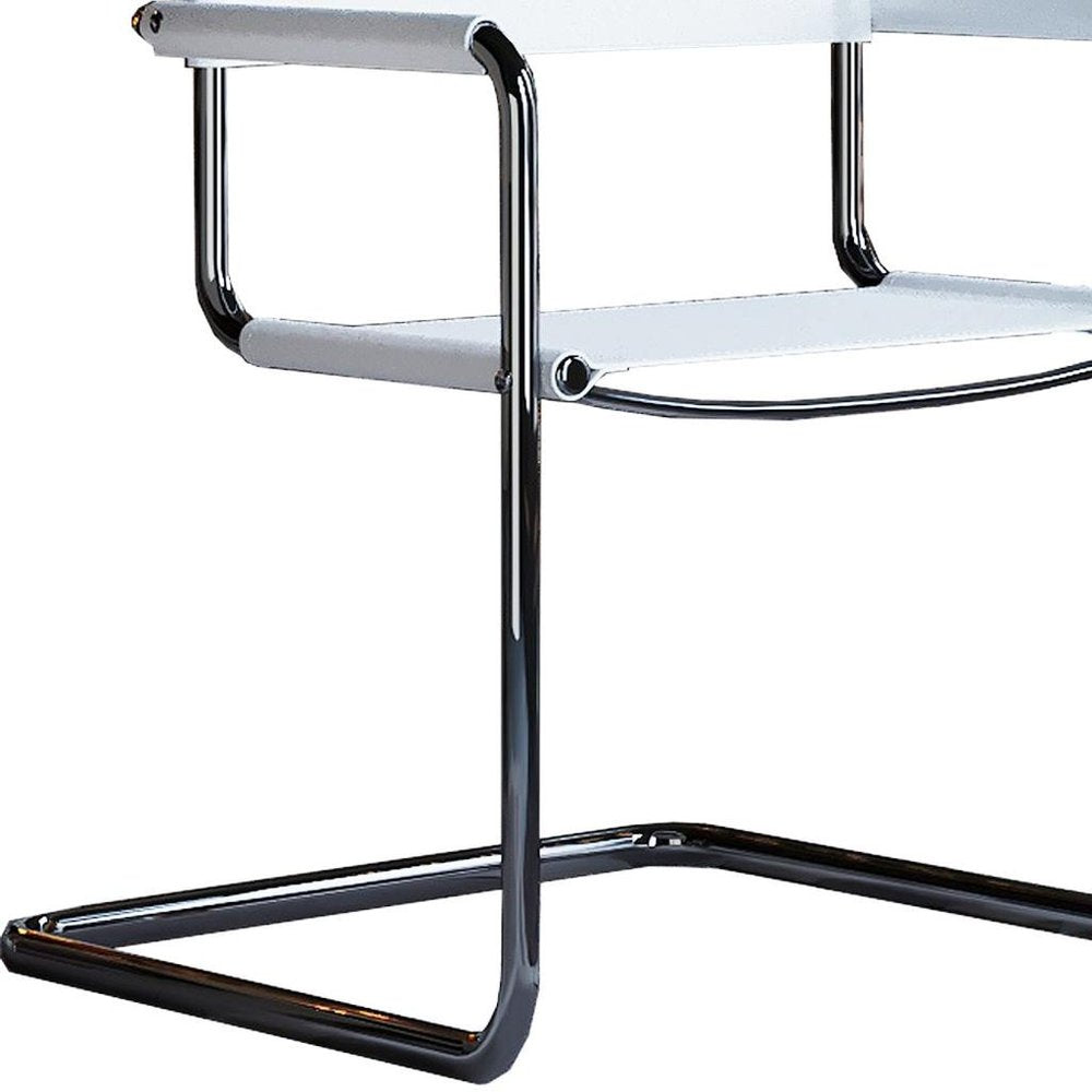 23" Silver And White Leather and Stainless Steel Arm Chair