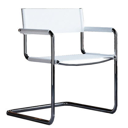 23" Silver And White Leather and Stainless Steel Arm Chair