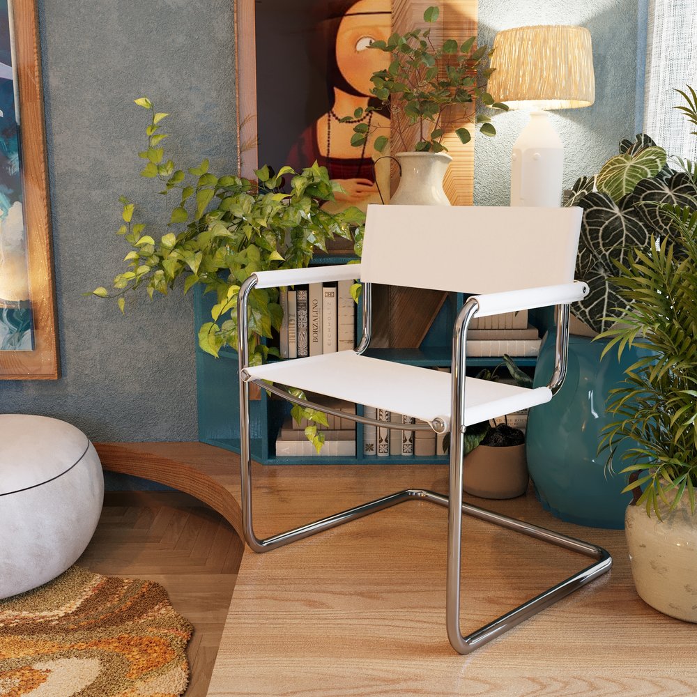 23" Silver And White Leather and Stainless Steel Arm Chair