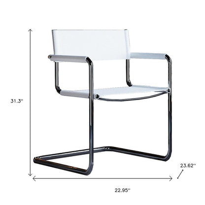 23" Silver And White Leather and Stainless Steel Arm Chair