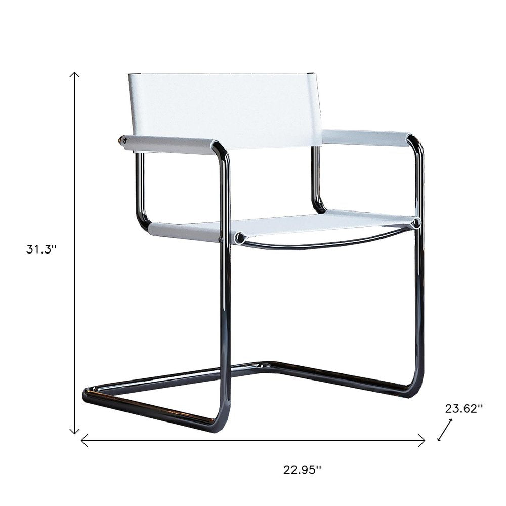 23" Silver And White Leather and Stainless Steel Arm Chair HomeRoots