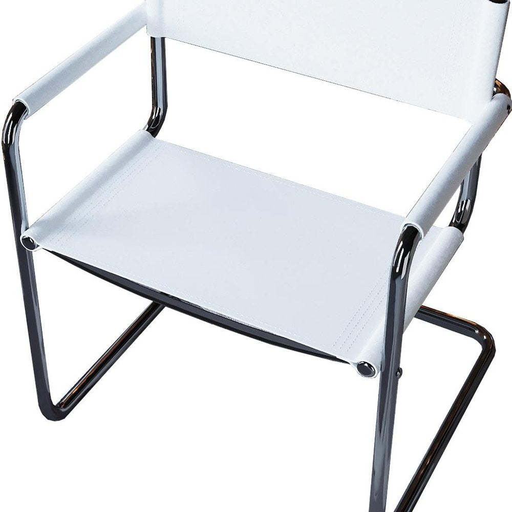 23" Silver And White Leather and Stainless Steel Arm Chair HomeRoots