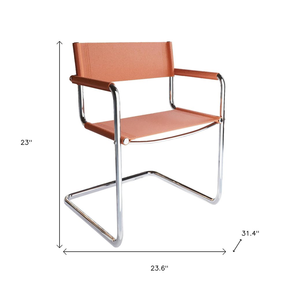 23" Silver And Terra Cotta Leather and Stainless Steel Arm Chair