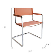 23" Silver And Terra Cotta Leather and Stainless Steel Arm Chair - Fluent Trends Accent Chairs