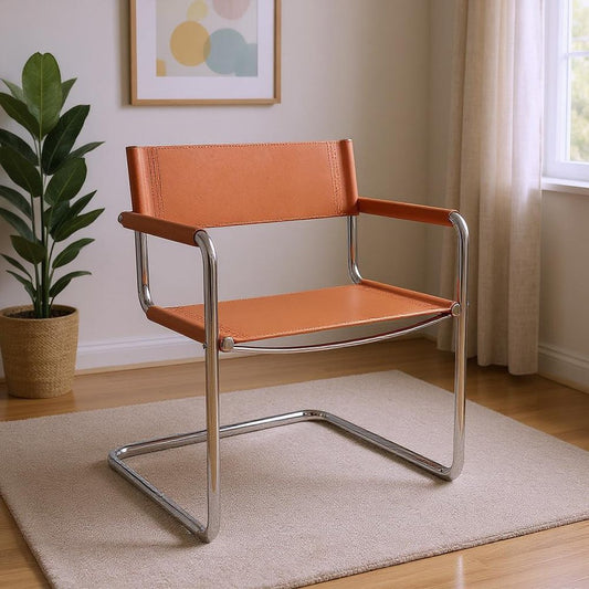 23" Silver And Terra Cotta Leather and Stainless Steel Arm Chair HomeRoots