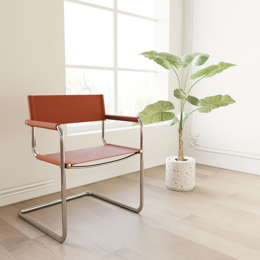 23" Silver And Terra Cotta Leather and Stainless Steel Arm Chair