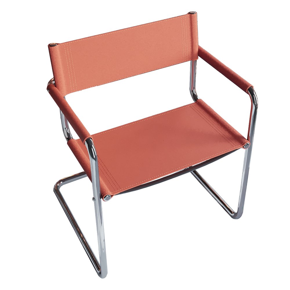 23" Silver And Terra Cotta Leather and Stainless Steel Arm Chair