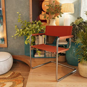 23" Silver And Terra Cotta Leather and Stainless Steel Arm Chair - Fluent Trends Accent Chairs