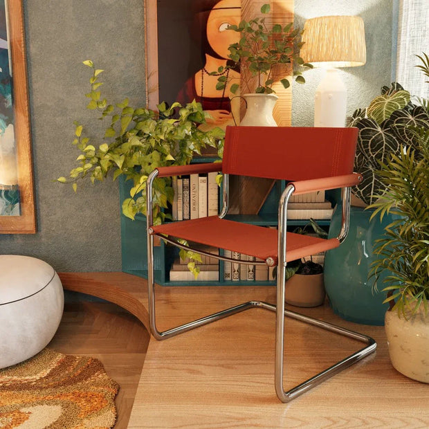 23" Silver And Terra Cotta Leather and Stainless Steel Arm Chair - Fluent Trends Accent Chairs