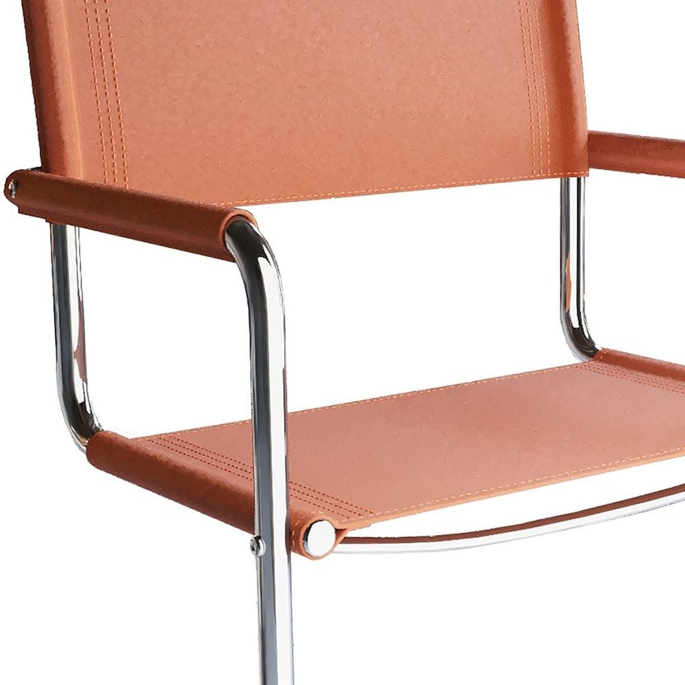 23" Silver And Terra Cotta Leather and Stainless Steel Arm Chair HomeRoots