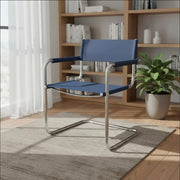 23" Navy Blue and Silver Leather and Stainless Steel Arm Chair - Fluent Trends Accent Chairs