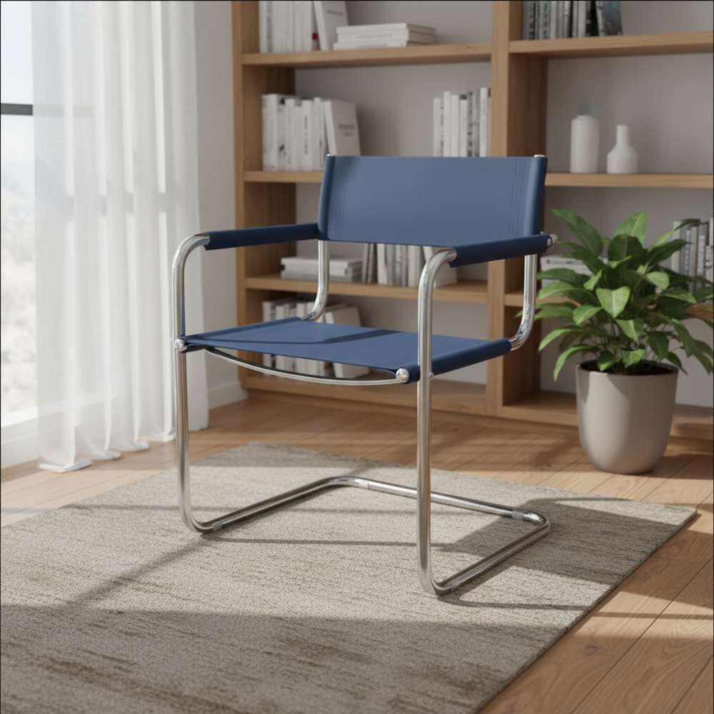 23" Navy Blue and Silver Leather and Stainless Steel Arm Chair HomeRoots