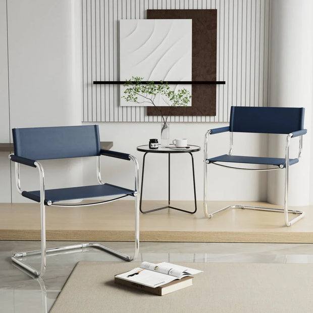 23" Navy Blue and Silver Leather and Stainless Steel Arm Chair - Fluent Trends Accent Chairs