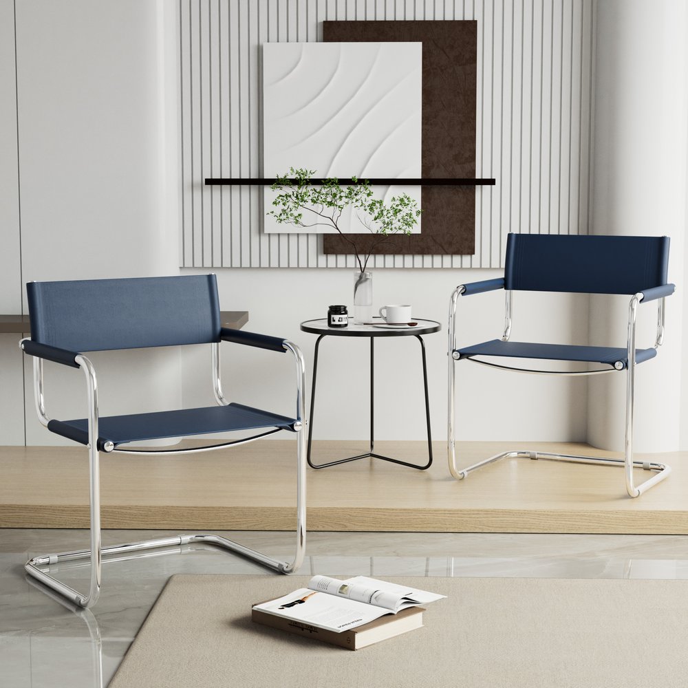 23" Navy Blue and Silver Leather and Stainless Steel Arm Chair HomeRoots