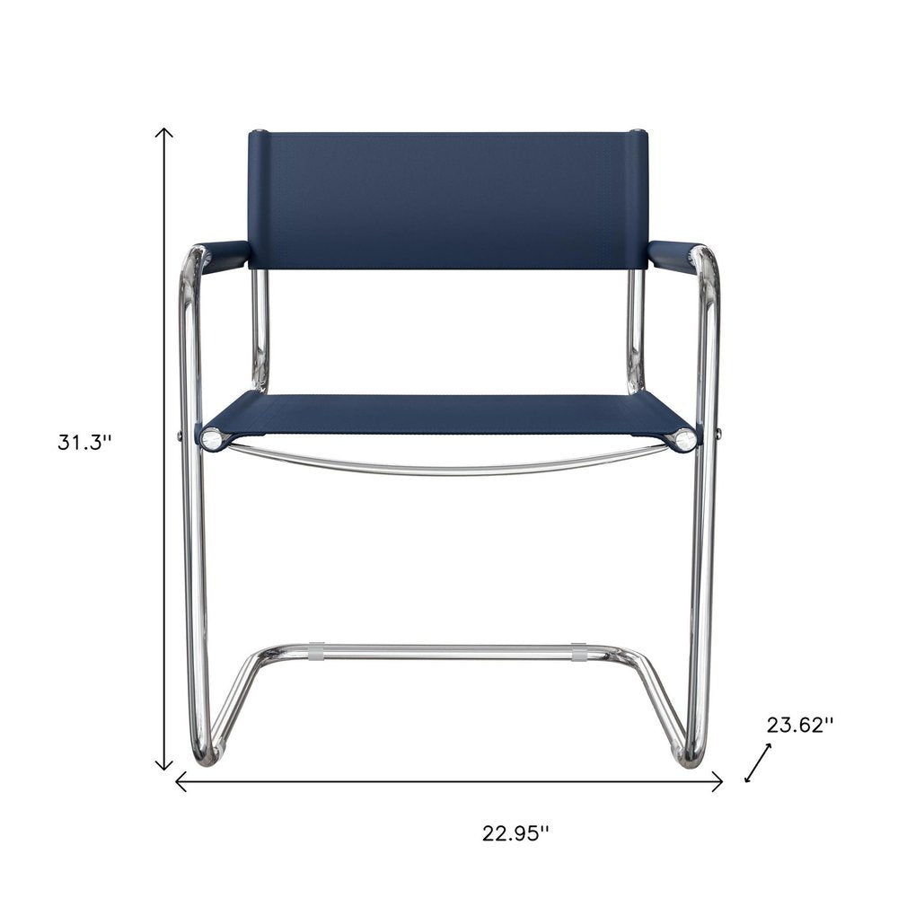 23" Navy Blue and Silver Leather and Stainless Steel Arm Chair HomeRoots