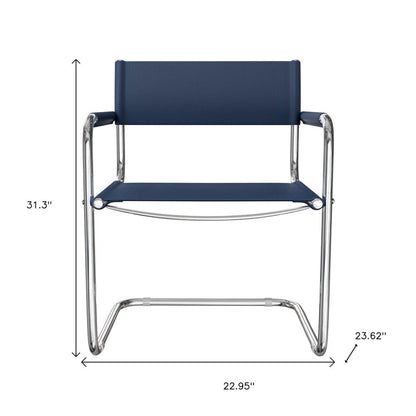 23" Navy Blue and Silver Leather and Stainless Steel Arm Chair HomeRoots