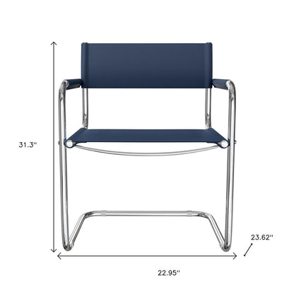 23" Navy Blue and Silver Leather and Stainless Steel Arm Chair