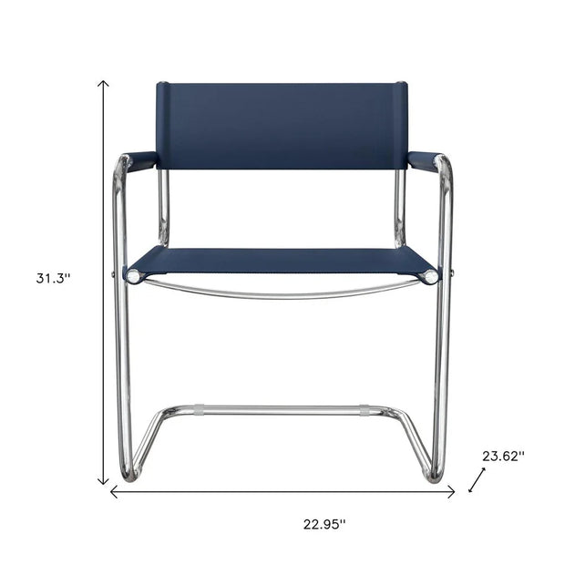 23" Navy Blue and Silver Leather and Stainless Steel Arm Chair - Fluent Trends Accent Chairs