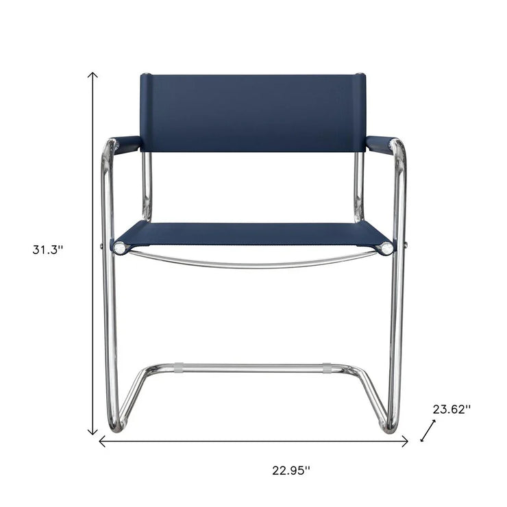 23" Navy Blue and Silver Leather and Stainless Steel Arm Chair - Fluent Trends Accent Chairs