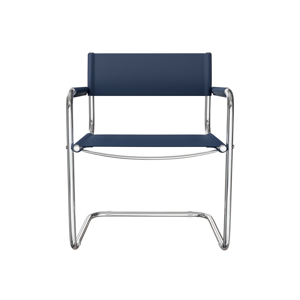 23" Navy Blue and Silver Leather and Stainless Steel Arm Chair HomeRoots