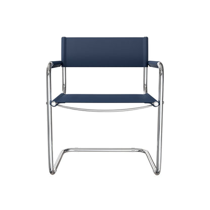 23" Navy Blue and Silver Leather and Stainless Steel Arm Chair