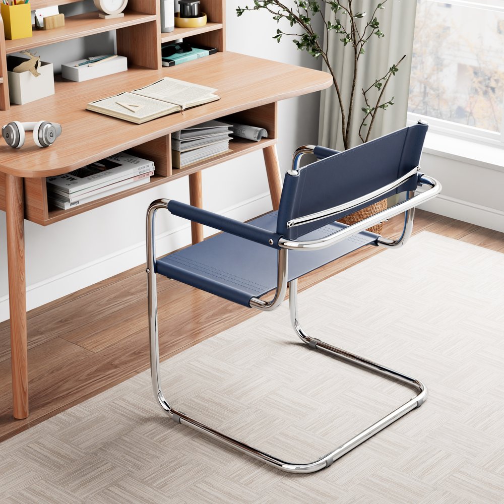 23" Navy Blue and Silver Leather and Stainless Steel Arm Chair