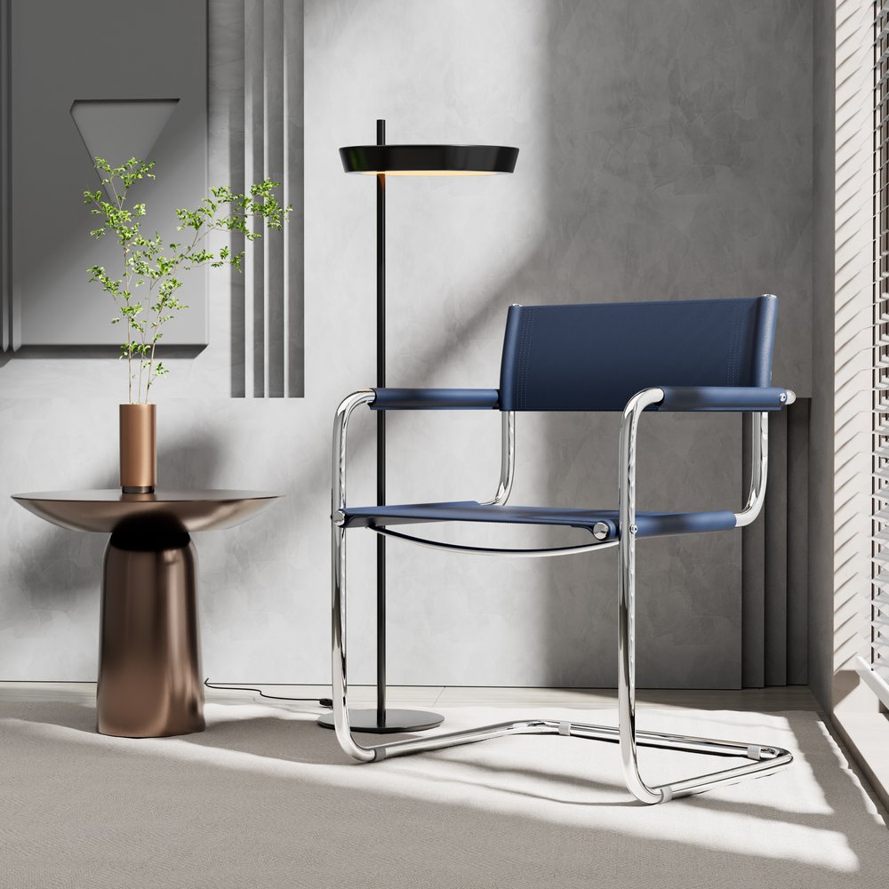 23" Navy Blue and Silver Leather and Stainless Steel Arm Chair HomeRoots