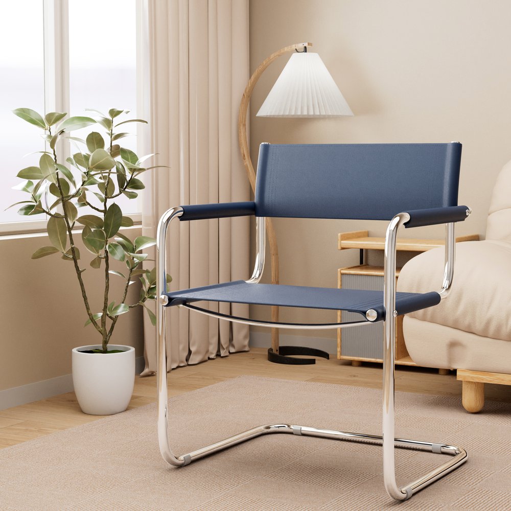 23" Navy Blue and Silver Leather and Stainless Steel Arm Chair HomeRoots