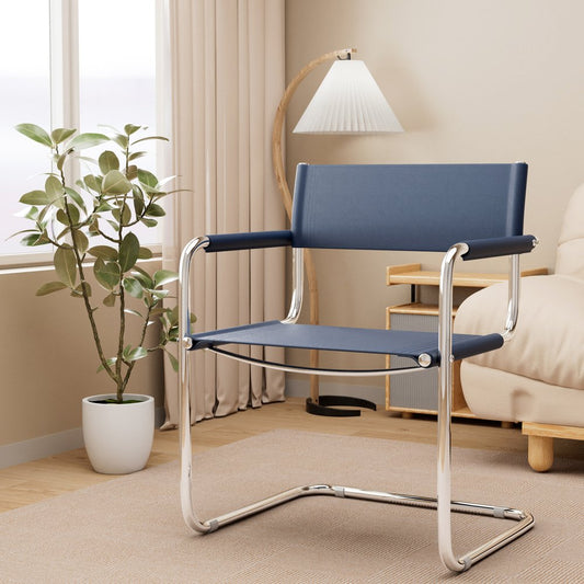 23" Navy Blue and Silver Leather and Stainless Steel Arm Chair HomeRoots