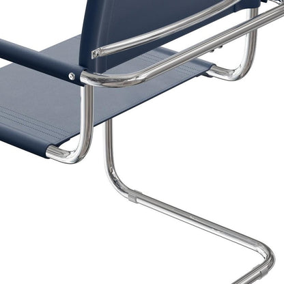 23" Navy Blue and Silver Leather and Stainless Steel Arm Chair