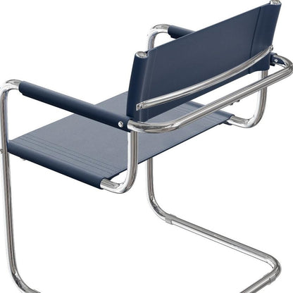 23" Navy Blue and Silver Leather and Stainless Steel Arm Chair