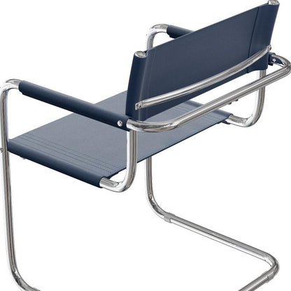 23" Navy Blue and Silver Leather and Stainless Steel Arm Chair HomeRoots