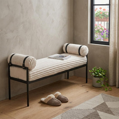 Cream and Black Upholstered Corduroy Bench
