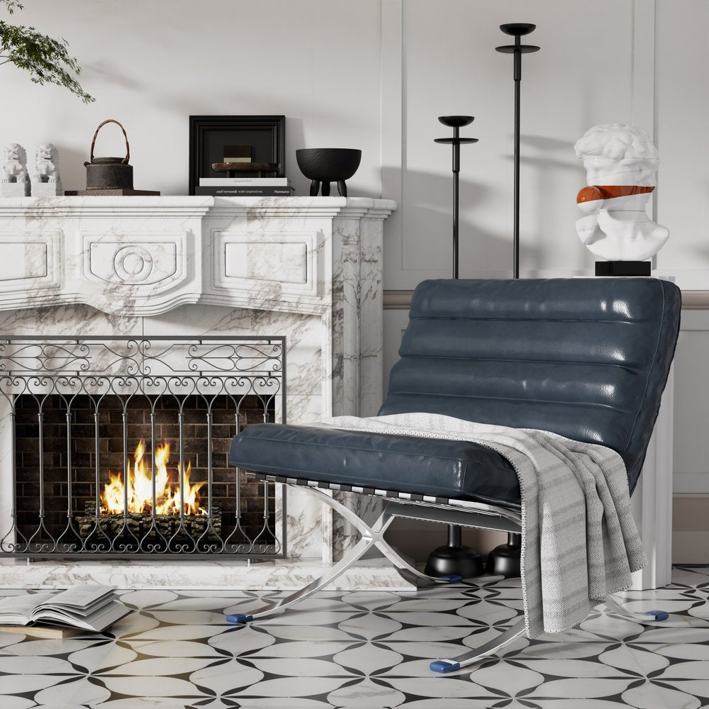 29" Blue and Silver Tufted Leather and Upholstered Folding Lounge Chair - Fluent Trends