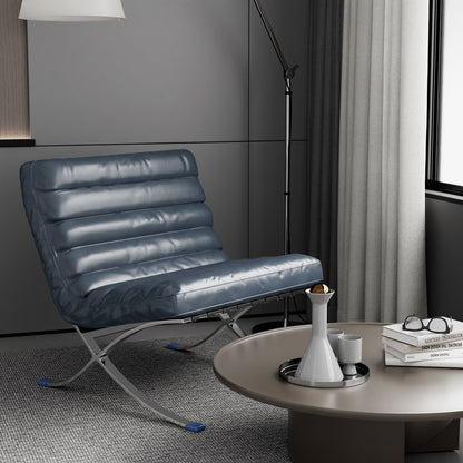 29" Blue and Silver Tufted Leather and Upholstered Folding Lounge Chair - Fluent Trends