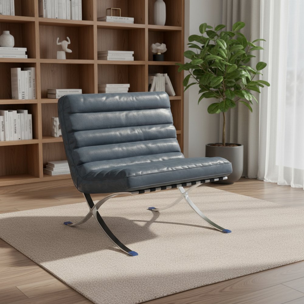 29" Blue and Silver Tufted Leather and Upholstered Folding Lounge Chair - Fluent Trends