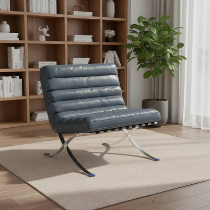 29" Blue and Silver Tufted Leather and Upholstered Folding Lounge Chair - Fluent Trends