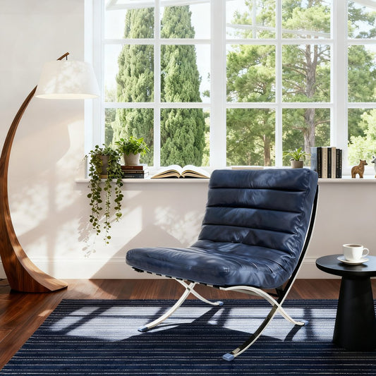 29" Blue and Silver Tufted Leather and Upholstered Folding Lounge Chair