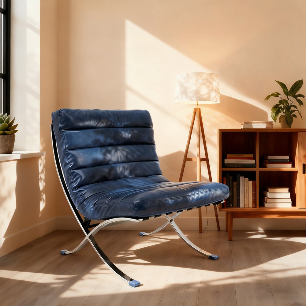 29" Blue and Silver Tufted Leather and Upholstered Folding Lounge Chair