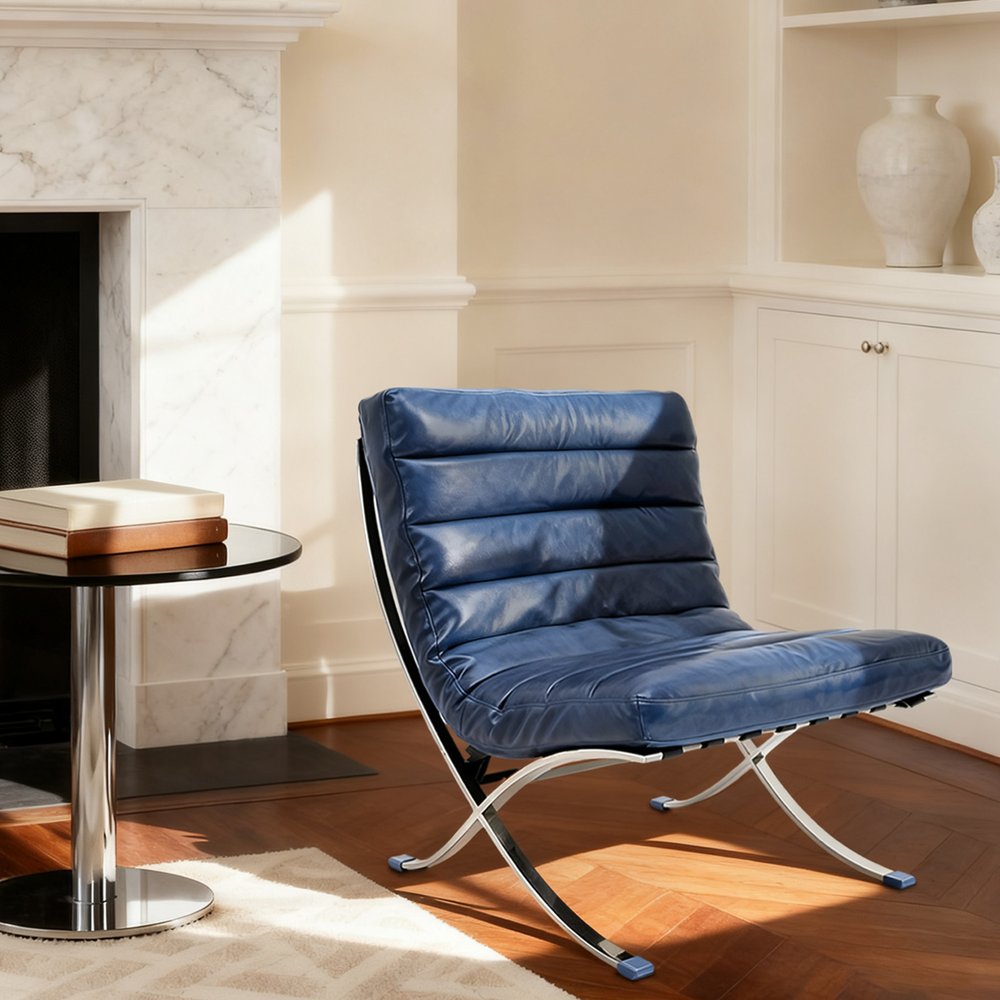 29" Blue and Silver Tufted Leather and Upholstered Folding Lounge Chair