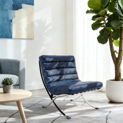 29" Blue and Silver Tufted Leather and Upholstered Folding Lounge Chair