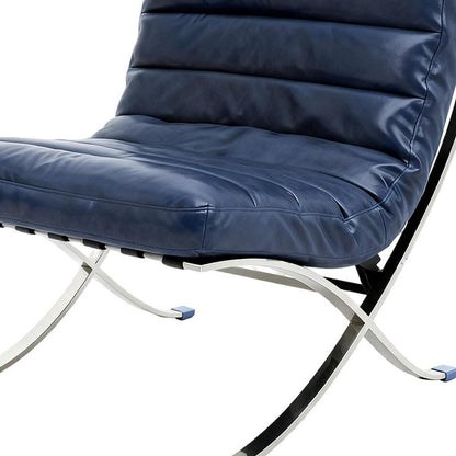 29" Blue and Silver Tufted Leather and Upholstered Folding Lounge Chair